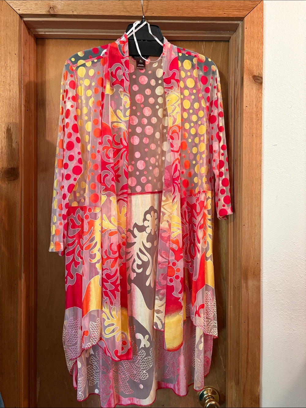 Multiples Multicolor Sheer Patterned Duster - Red, Yellow, Pink